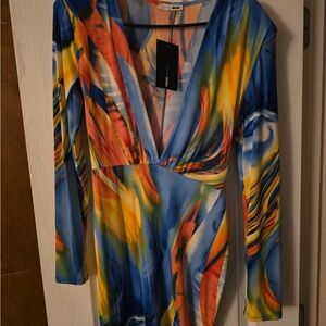 Mossimo Supply Co. Blue Multicolor Abstract V-Neck Dress